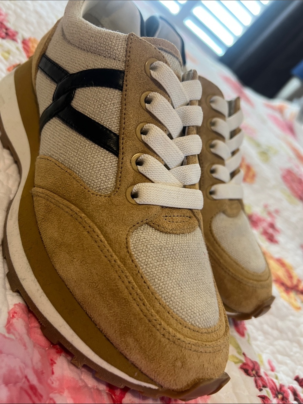 Veronica Beard Woman Suede and Canvas Sneakers Shoes in Tan, Cream & Black